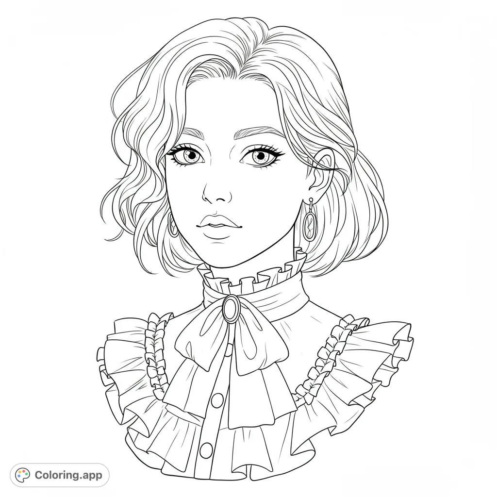 A beautiful portrait of a woman with short, wavy hair and an elegant ruffled blouse, perfect for detailed coloring and creative expression.