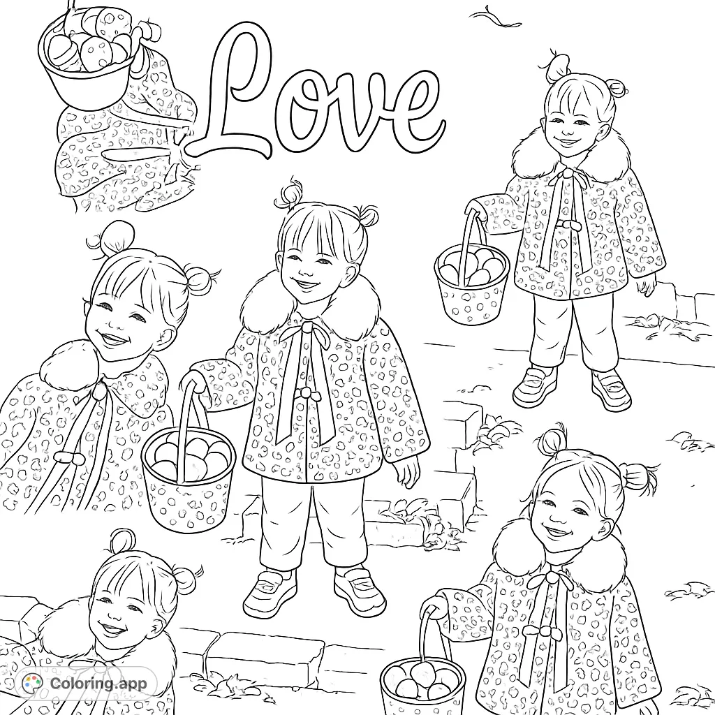 A cheerful girl with an egg basket, perfect for spring and Easter fun. Features multiple poses for delightful coloring.
