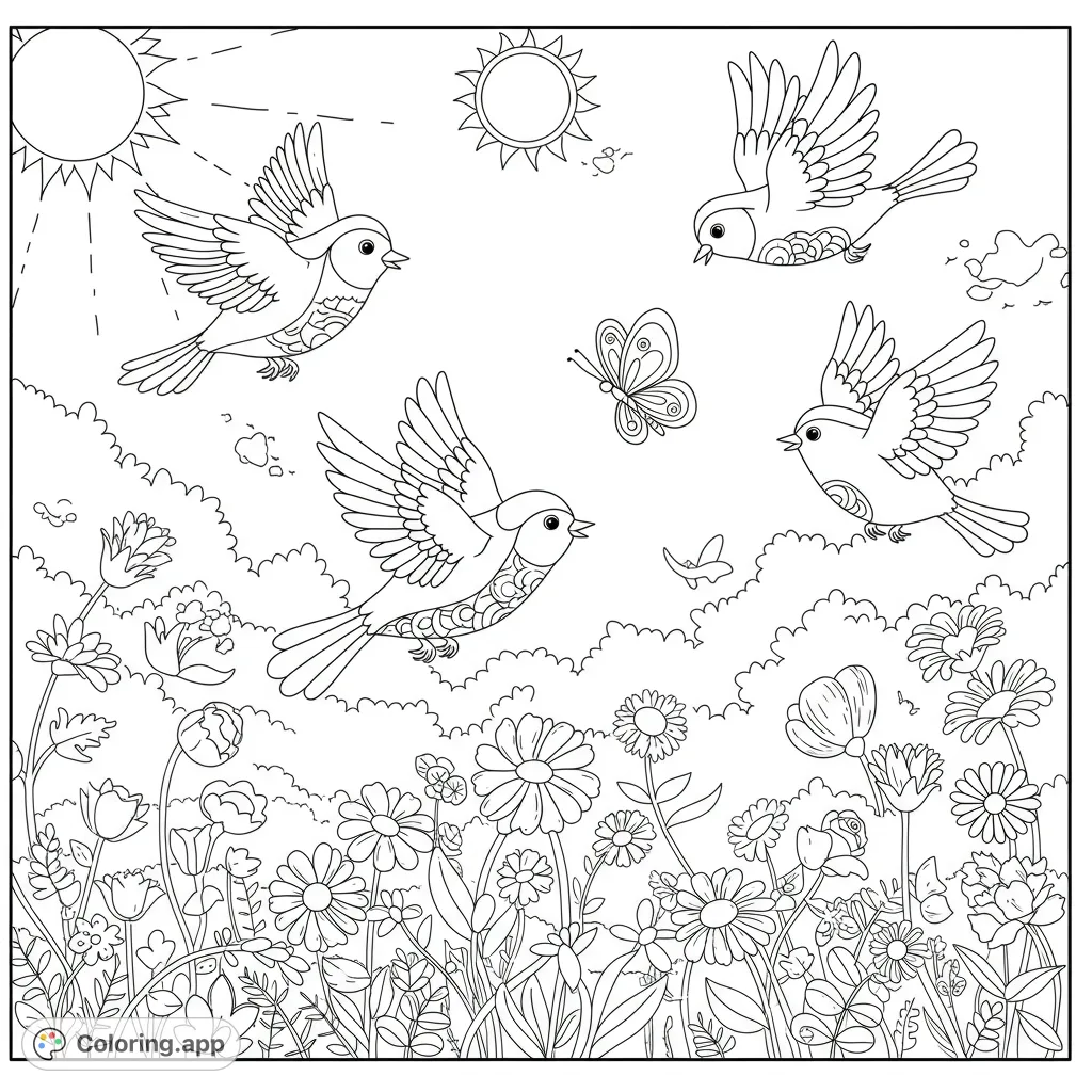 A delightful spring meadow coloring page featuring four flying birds, a butterfly, and a vibrant field of diverse flowers under two suns. Free printable coloring page for kids and adults.