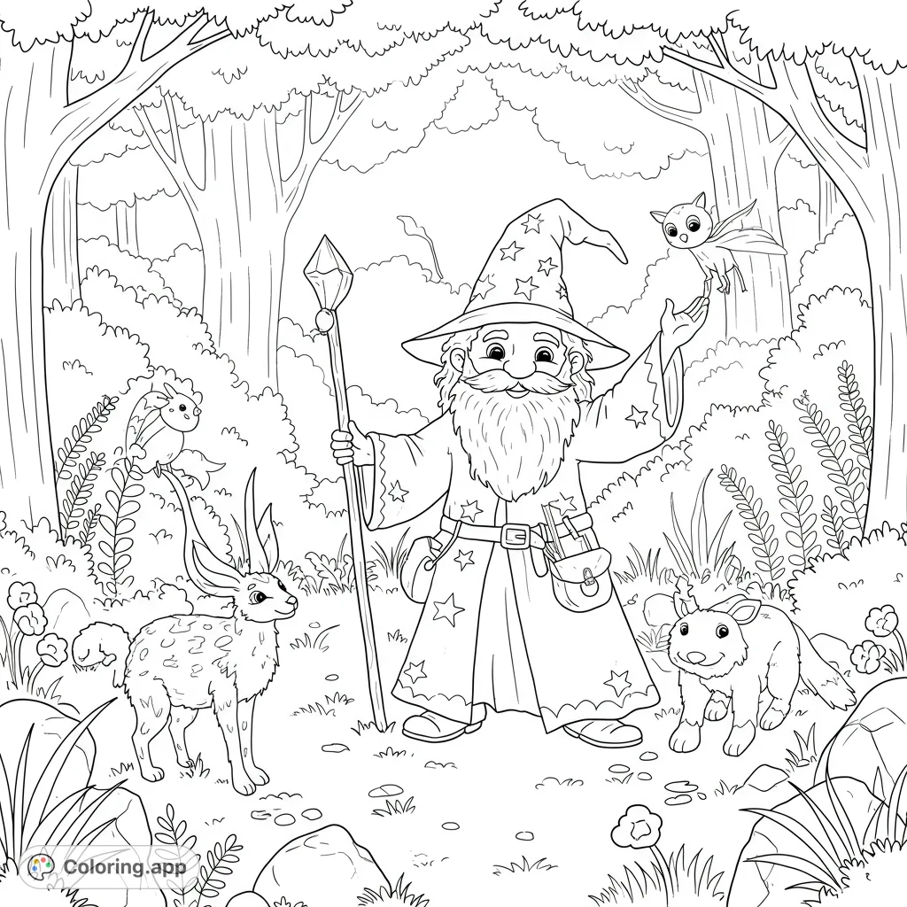 A friendly wizard with his magical staff and forest friends, including a jackalope and a winged creature, in an enchanted woodland scene.