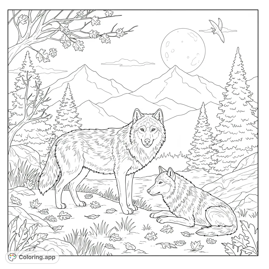 Two majestic wolves in a serene mountain forest under a full moon. A detailed nature scene perfect for a relaxing coloring experience.