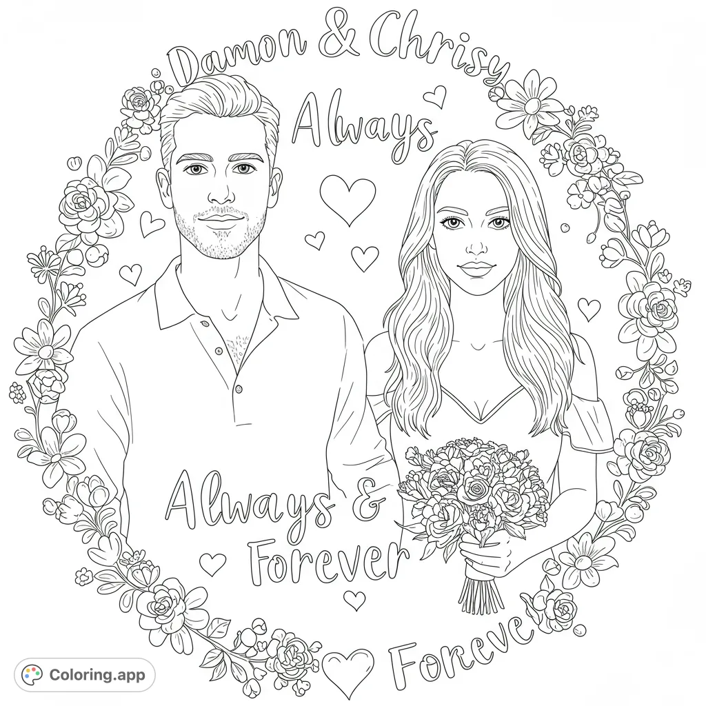 A charming couple portrait framed by an intricate floral wreath, perfect for a romantic coloring page. Features detailed flowers and sweet hearts.