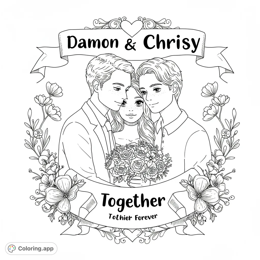 A heartwarming trio portrait surrounded by intricate floral designs and decorative banners, perfect for a personalized touch.