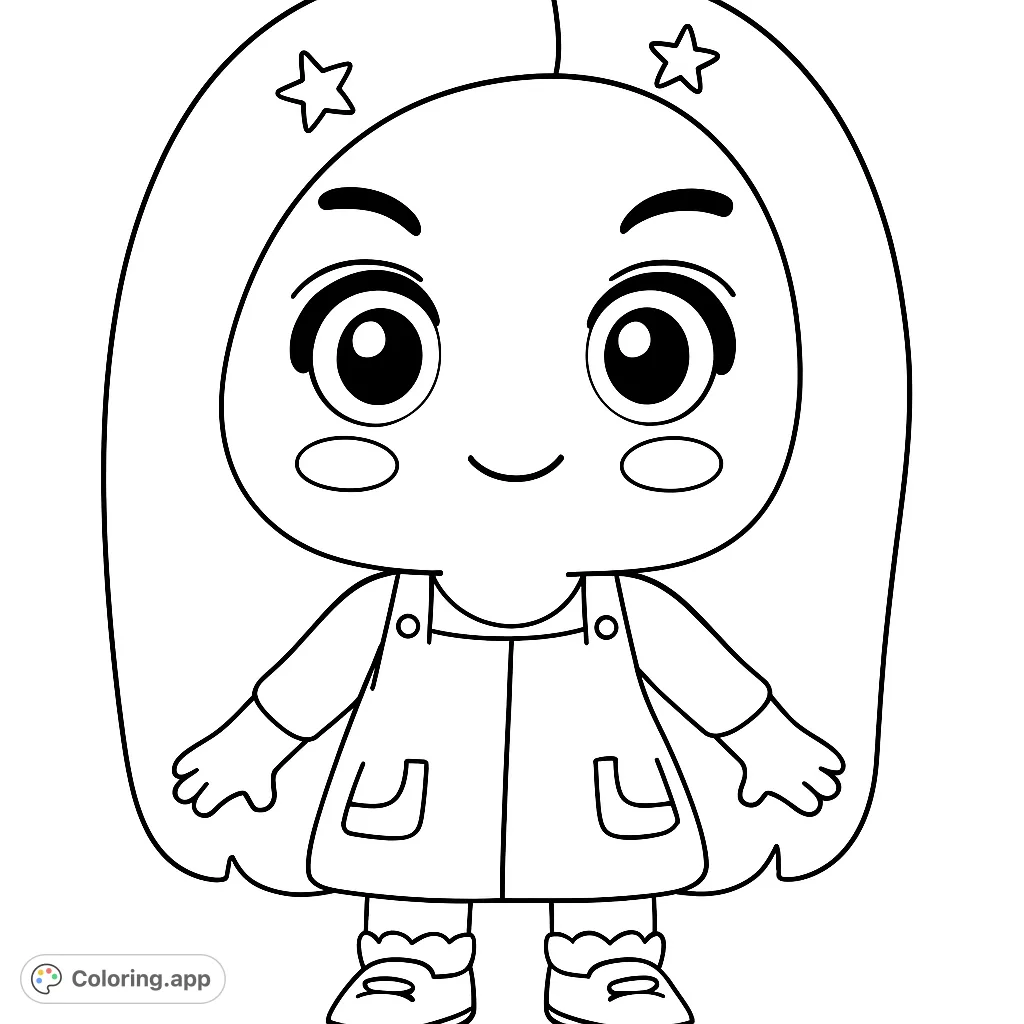 Adorable chibi girl in overalls with star hair accents, perfect for a free printable coloring page. Simple, charming, and fun for all ages.