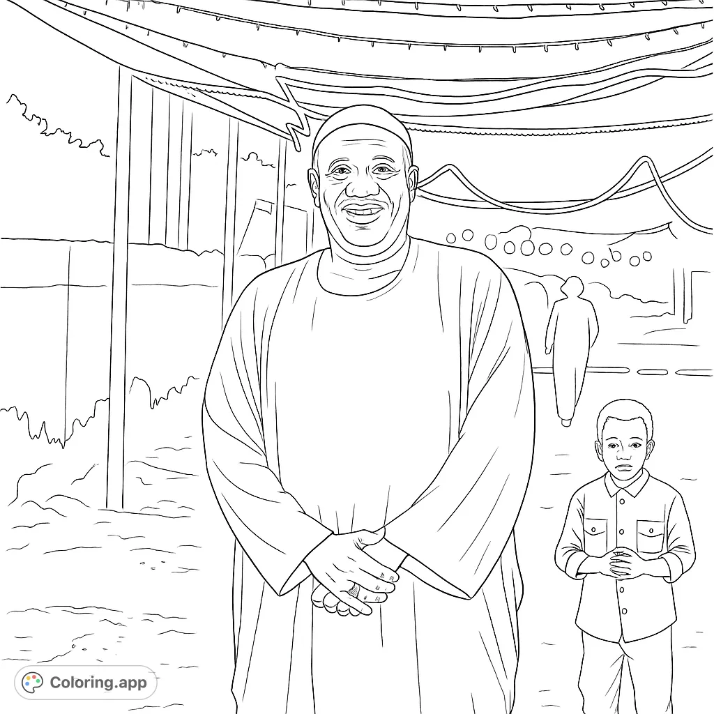 A heartwarming community street scene featuring a smiling man in traditional attire and a young boy, set against a bustling market background.