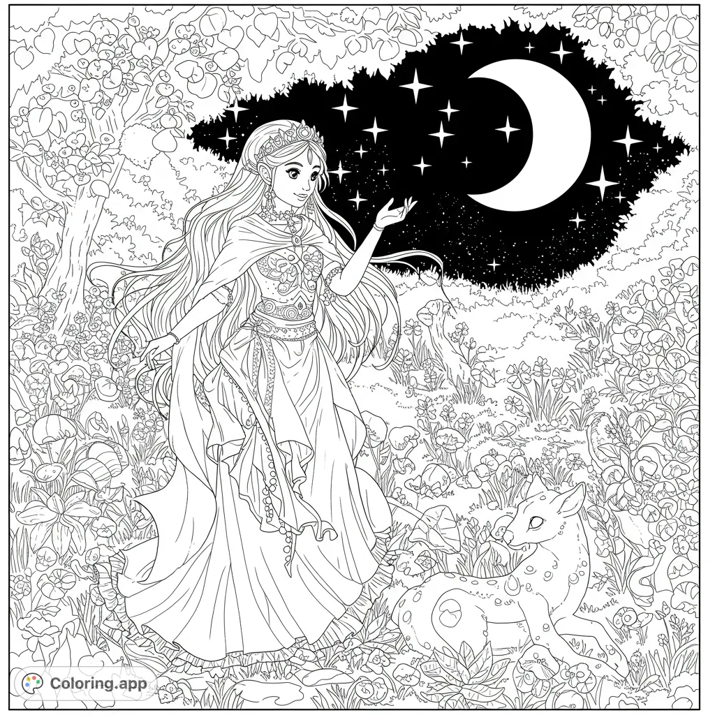 A magical moonlit scene featuring a graceful fairy princess and a peaceful deer in an enchanted forest, perfect for fantasy coloring enthusiasts.