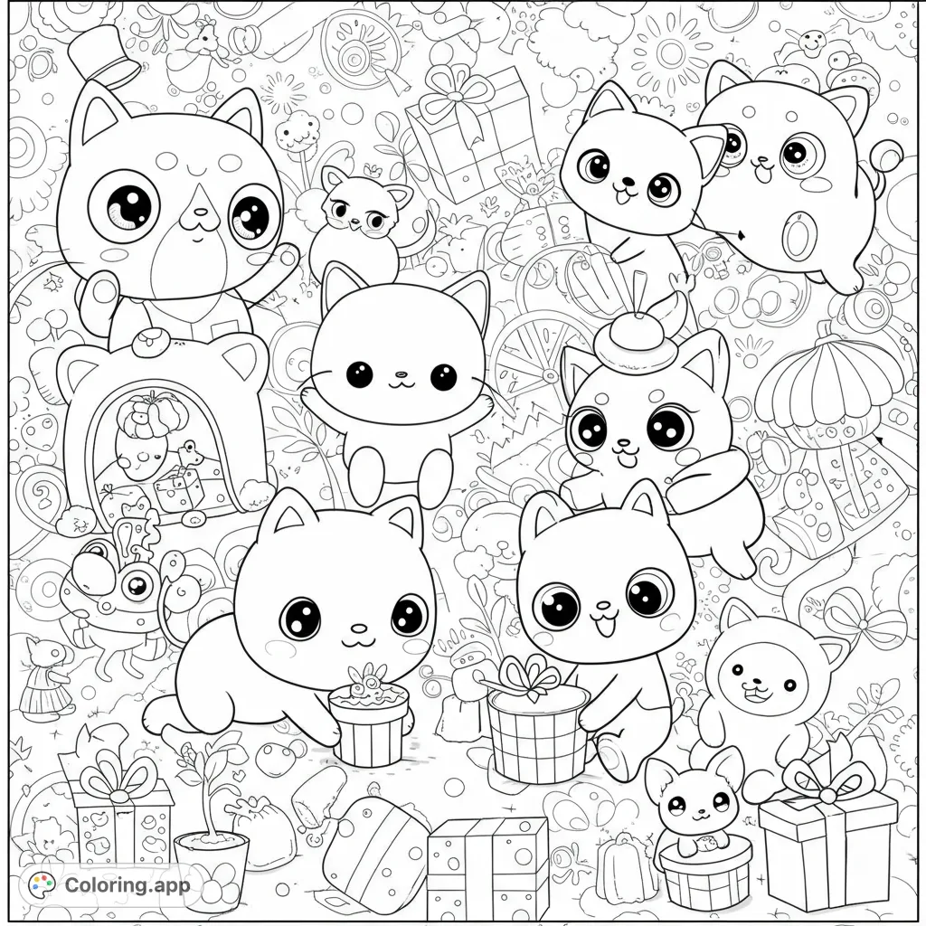 An adorable cute cat coloring page featuring multiple big-eyed kittens surrounded by gifts and whimsical objects, perfect for all ages.