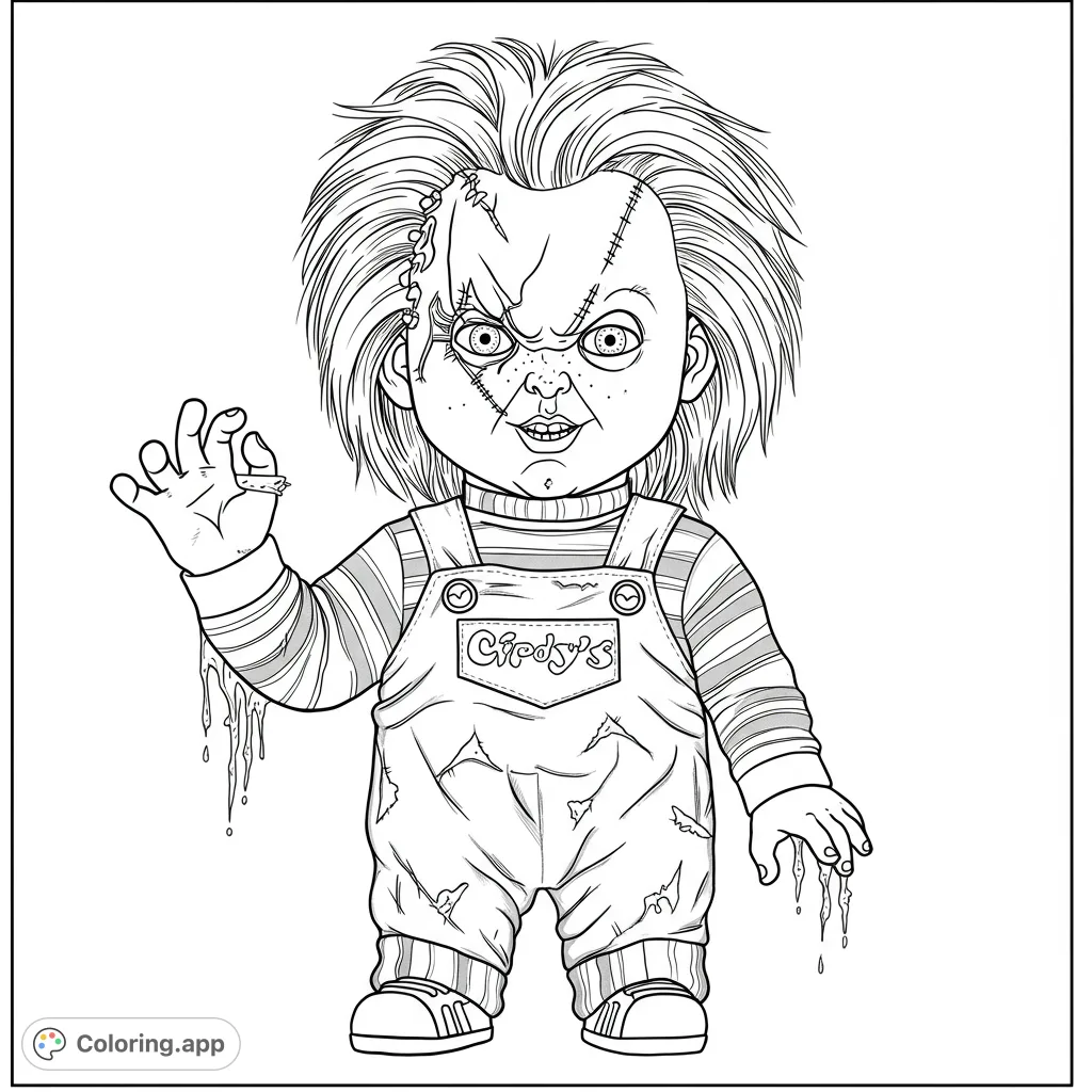 A chilling horror doll with a stitched face, wild hair, and tattered overalls, perfect for a spooky coloring challenge for horror fans.