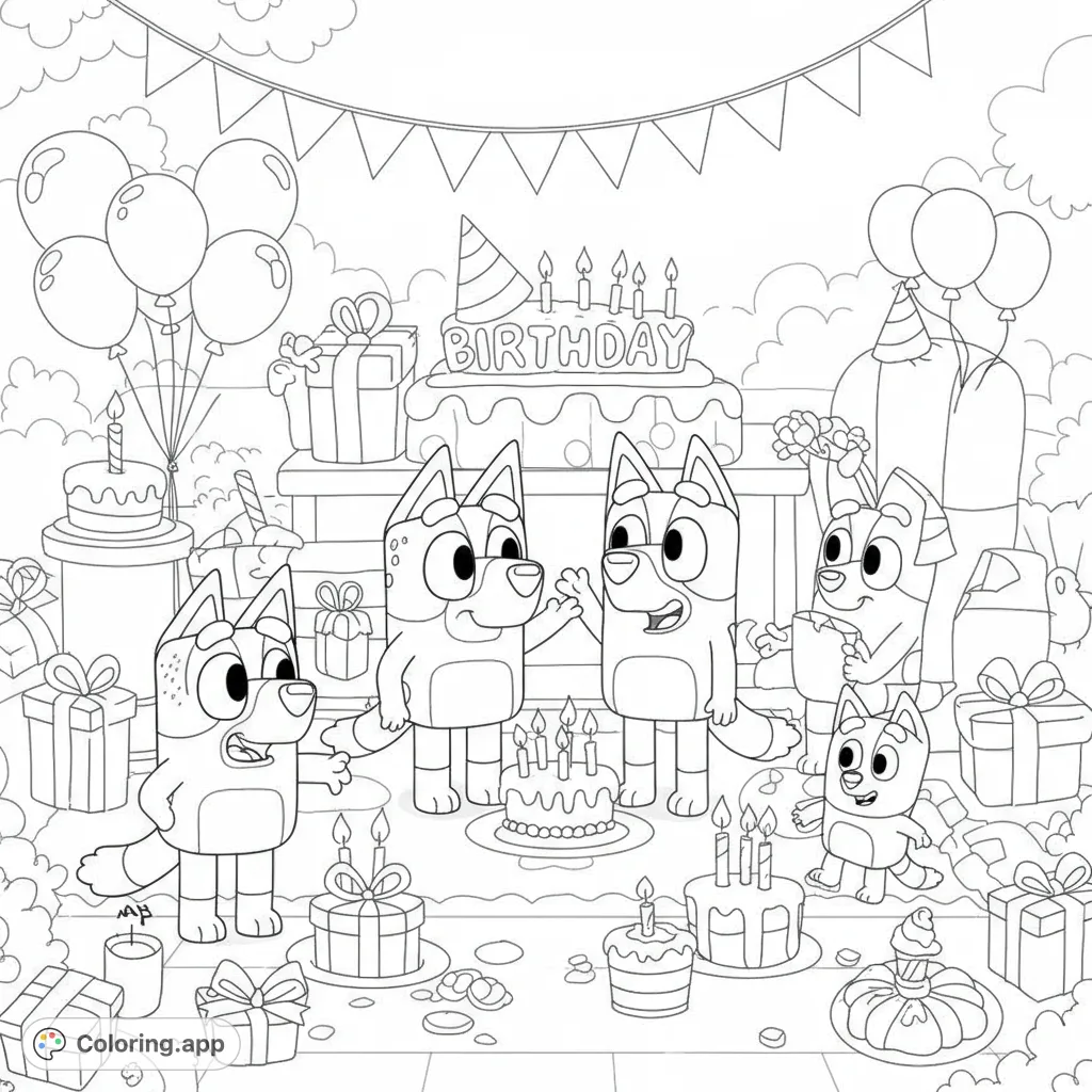 Celebrate with this fun birthday party coloring page featuring adorable dog characters, cakes, and presents. A free printable coloring page for kids and adults!