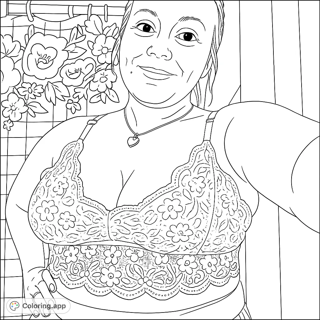 A confident woman smiles in a selfie, wearing a beautiful lace bralette with floral details and a heart necklace. Perfect free printable coloring page for adults.