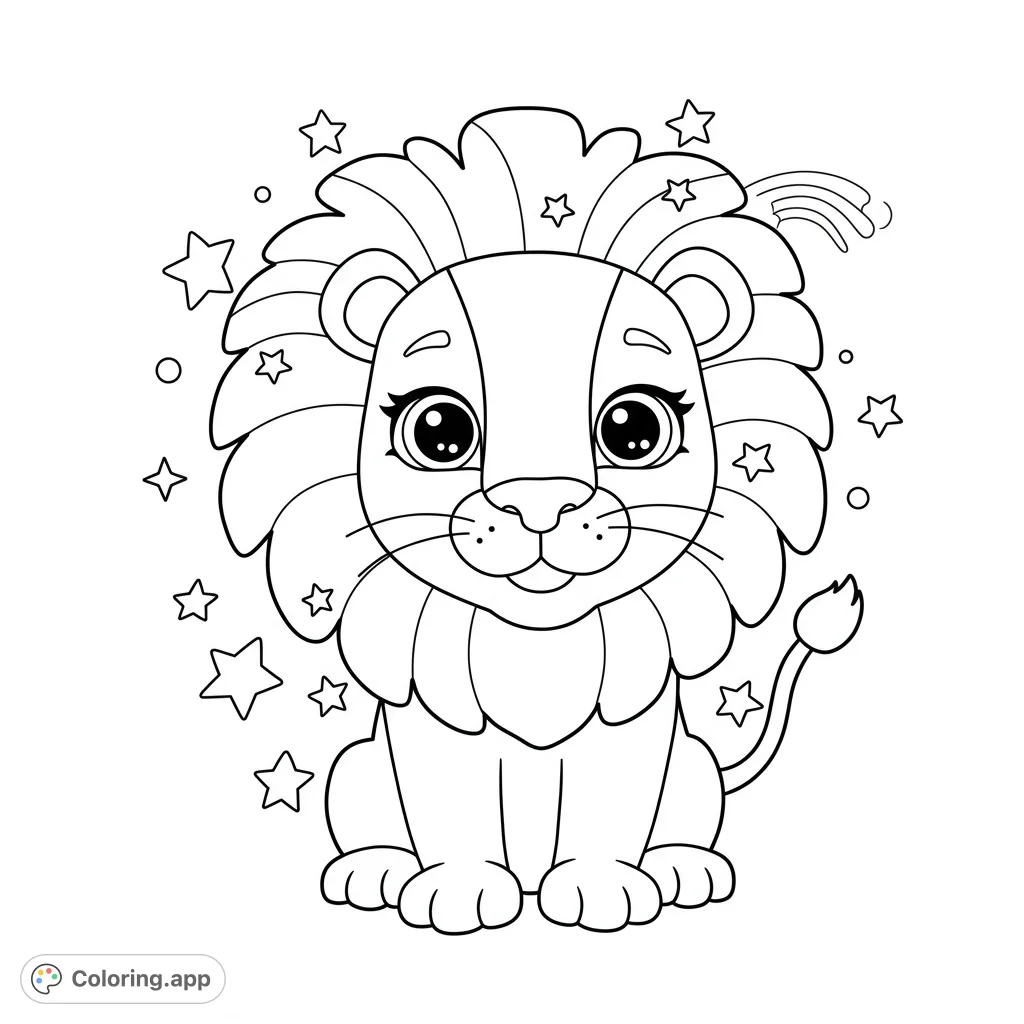 An adorable lion cub surrounded by whimsical stars and a tiny rainbow arc. A free printable lion coloring page for kids and adults.