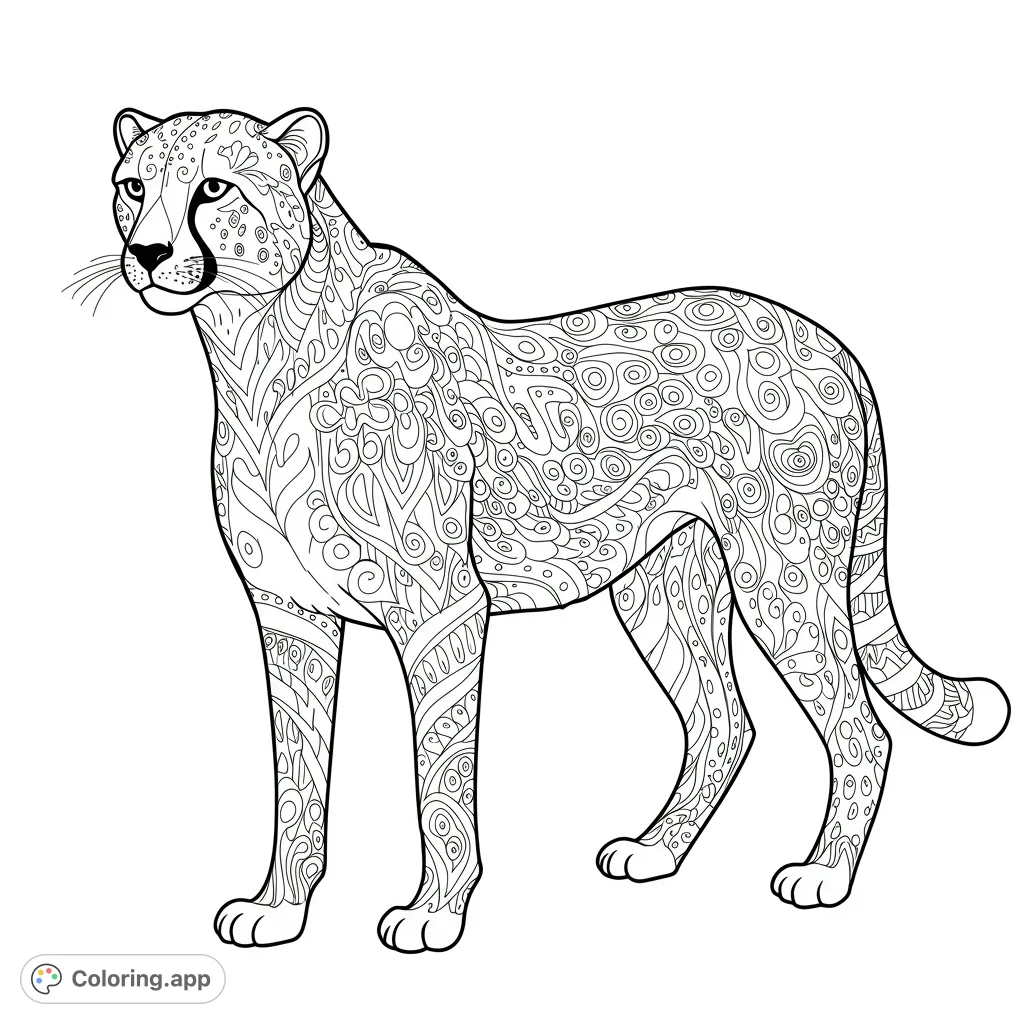 Discover a stunning cheetah coloring page featuring intricate, abstract patterns across its entire body. A free printable design for all ages.