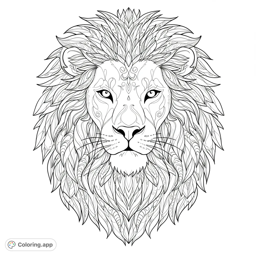 A stunning intricate lion head coloring page featuring a majestic mane filled with detailed leaf-like patterns, perfect for mindful coloring and creative expression.