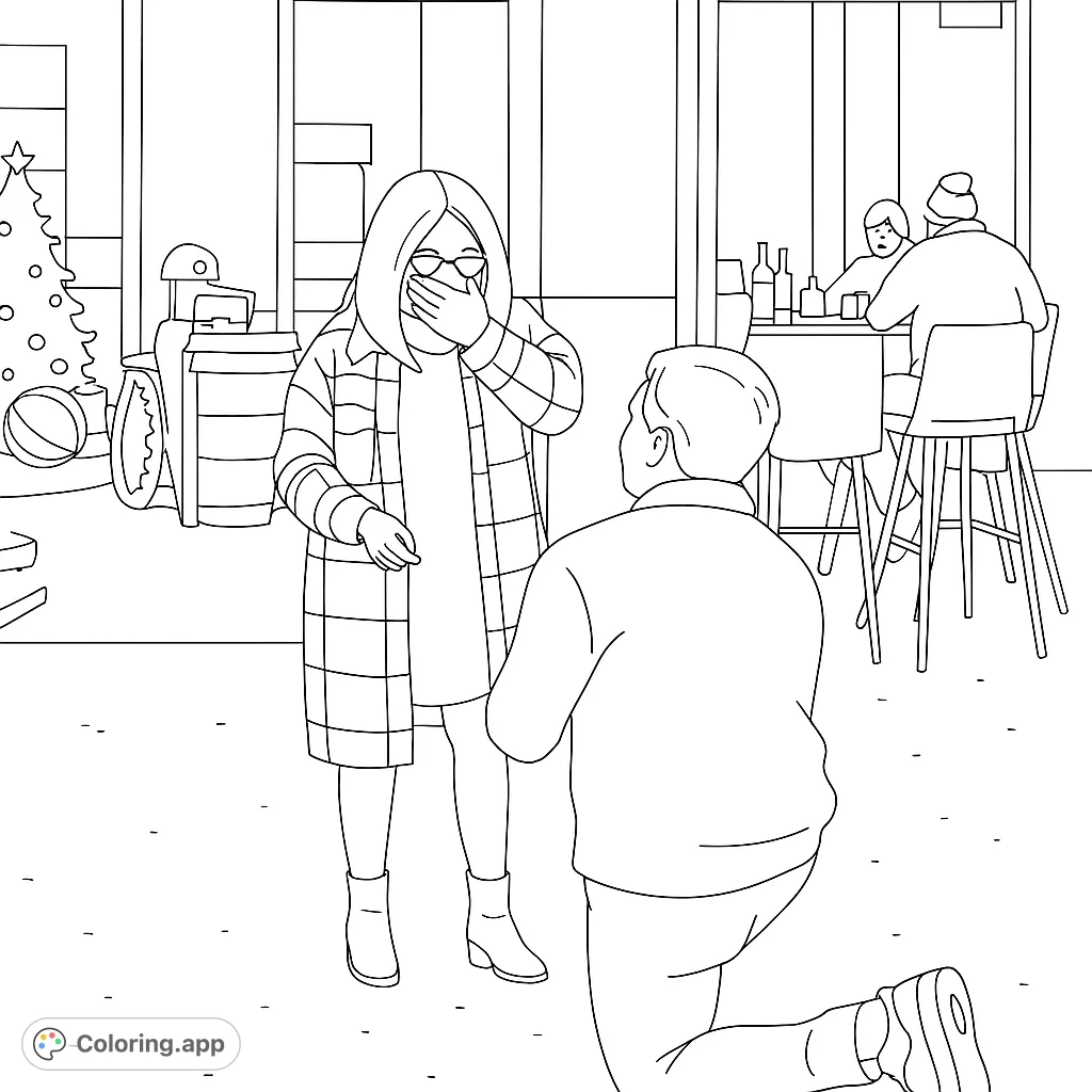 Capture the magic of a romantic Christmas proposal. A man kneels before a surprised woman, surrounded by festive holiday decor and a cozy bar setting.