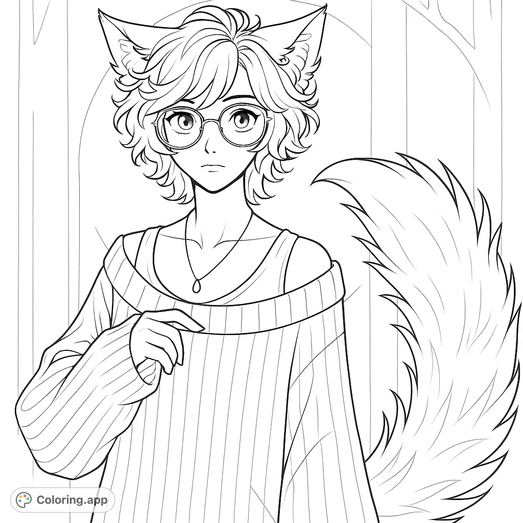 An enchanting anime character coloring page featuring a person with fox ears, glasses, and a fluffy tail, perfect for creative expression.