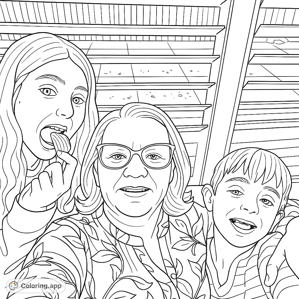 A joyful family selfie coloring page featuring an adult and two children, capturing a fun, everyday moment with detailed expressions and clothing patterns.