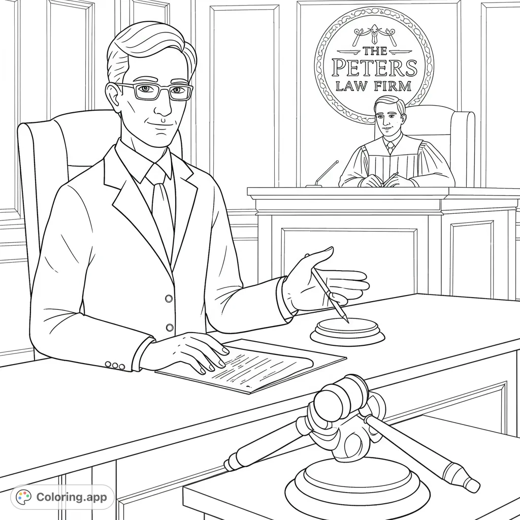 Explore the legal world with this detailed courtroom scene. A lawyer at his desk, a judge, and a gavel await your creative colors. Perfect for aspiring legal minds!