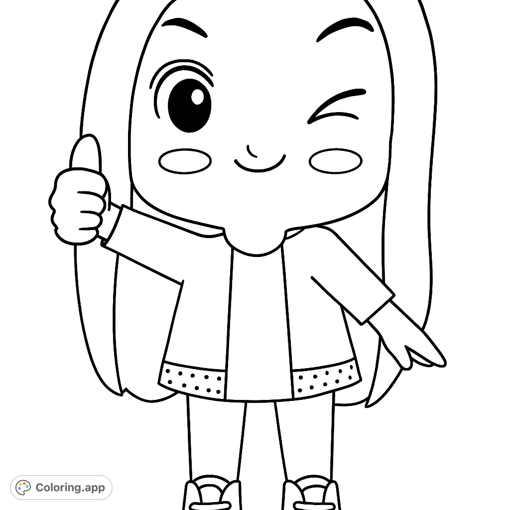 A delightful cute girl coloring page featuring a cheerful chibi character winking and giving a thumbs-up. Perfect free printable coloring page for kids.