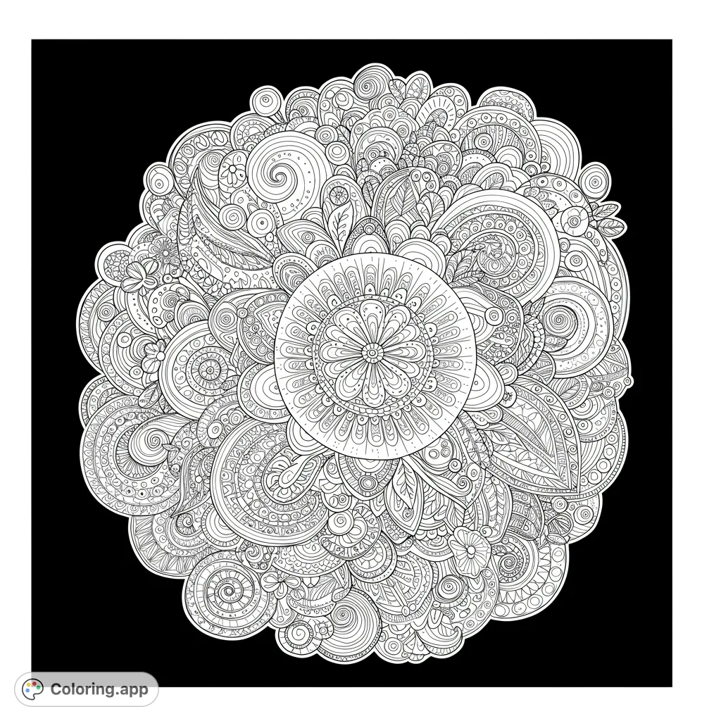 An intricate mandala coloring page featuring a central floral design surrounded by complex swirls, leaves, and abstract patterns, perfect for mindful coloring.