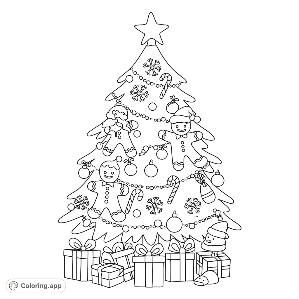 A delightful Christmas tree adorned with gingerbread men, snowflakes, and candy canes, surrounded by festive presents. Perfect for holiday cheer!