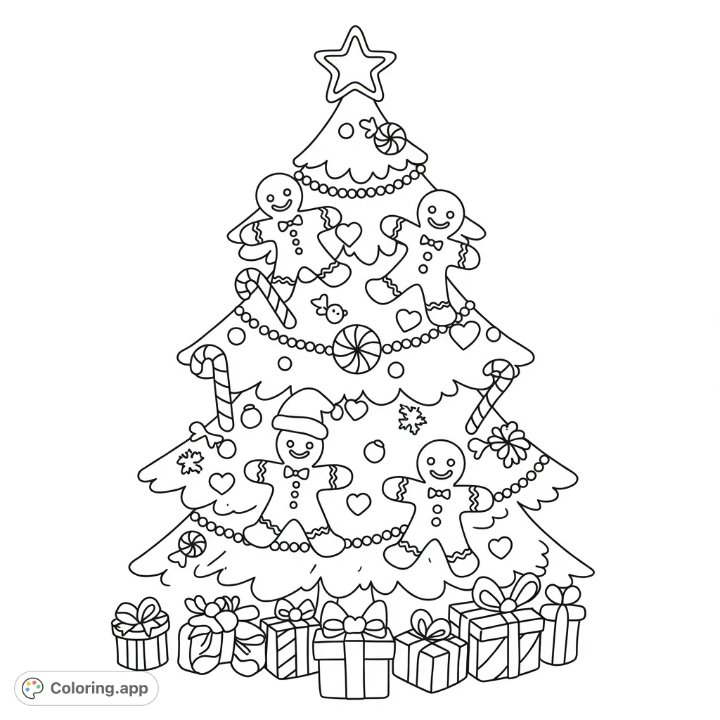 A delightful Christmas tree adorned with gingerbread men, candy canes, and gifts, perfect for a festive holiday coloring page.