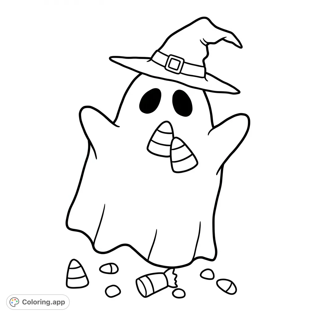 A charming Halloween ghost in a witch hat holds candy corn, with more treats scattered below. A fun, free printable Halloween coloring page for kids!
