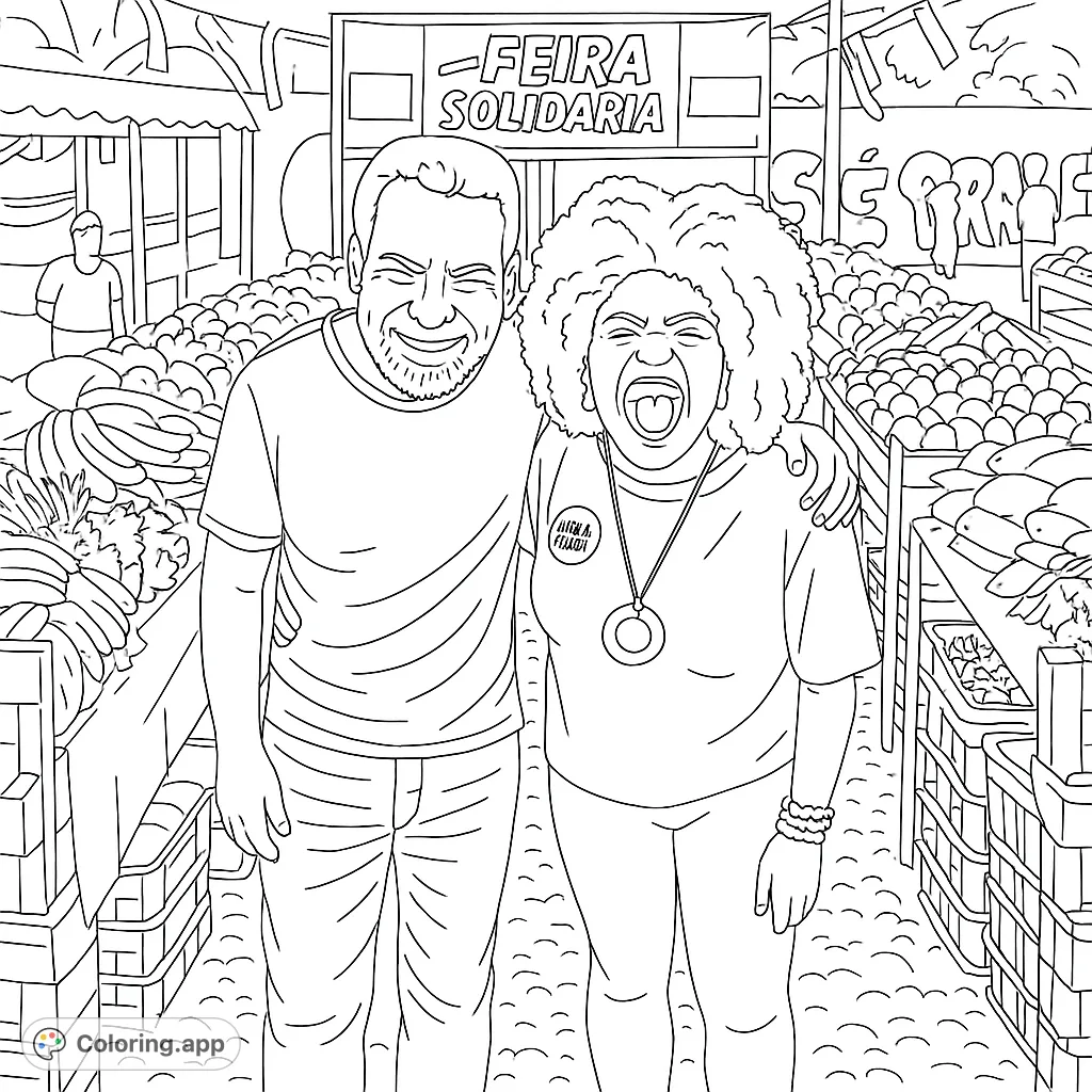 A vibrant market scene coloring page featuring two happy friends amidst overflowing produce stalls. A free printable coloring page for all ages.