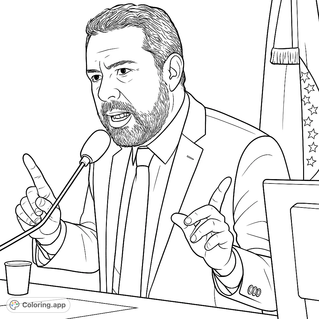 A dynamic public speaker in a suit, gesturing at a podium with a microphone and flag. Perfect for civics and professional themes.