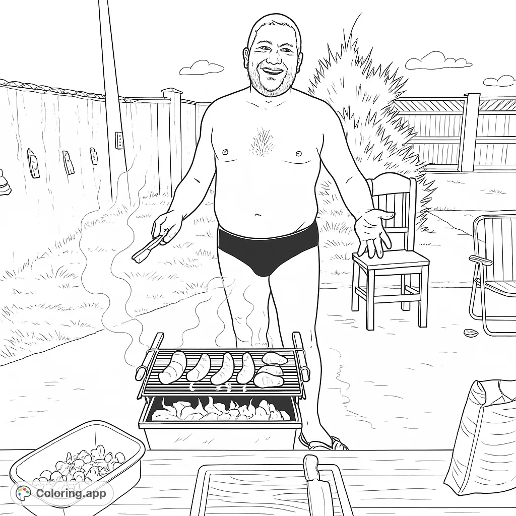 A cheerful man grills sausages in his backyard, surrounded by summer cookout essentials. A fun, free printable BBQ coloring page for all ages.