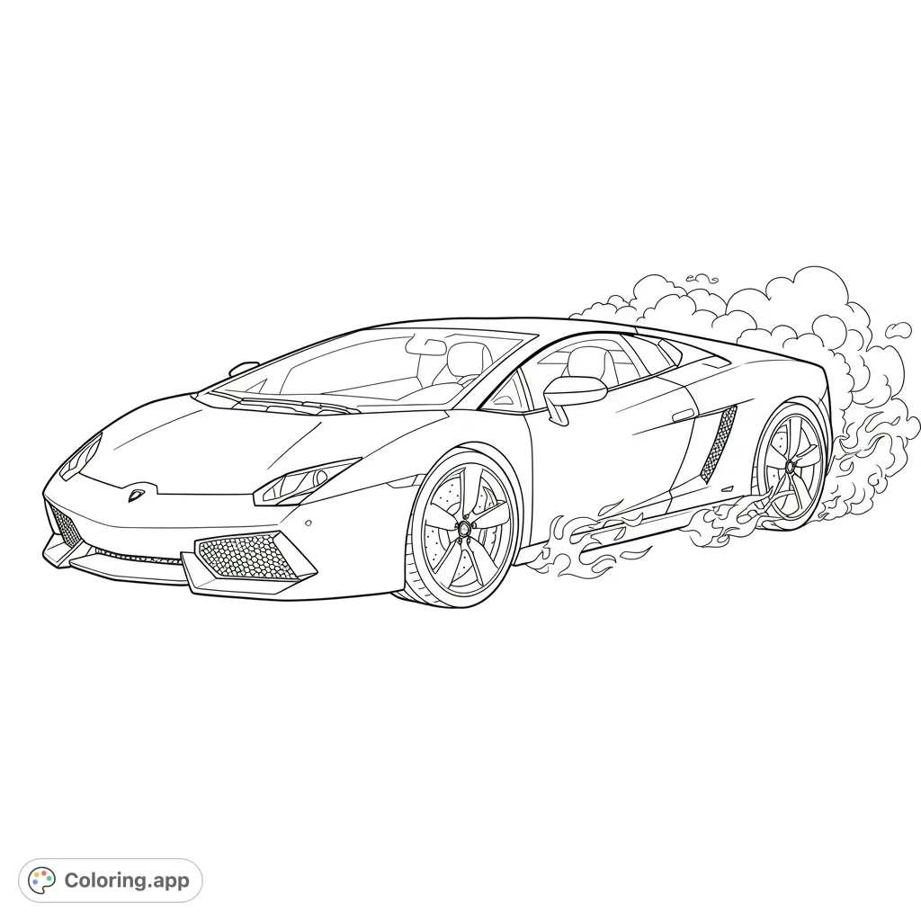 Unleash speed with this dynamic sports car coloring page, featuring a sleek vehicle with smoke and flames, perfect for car enthusiasts.
