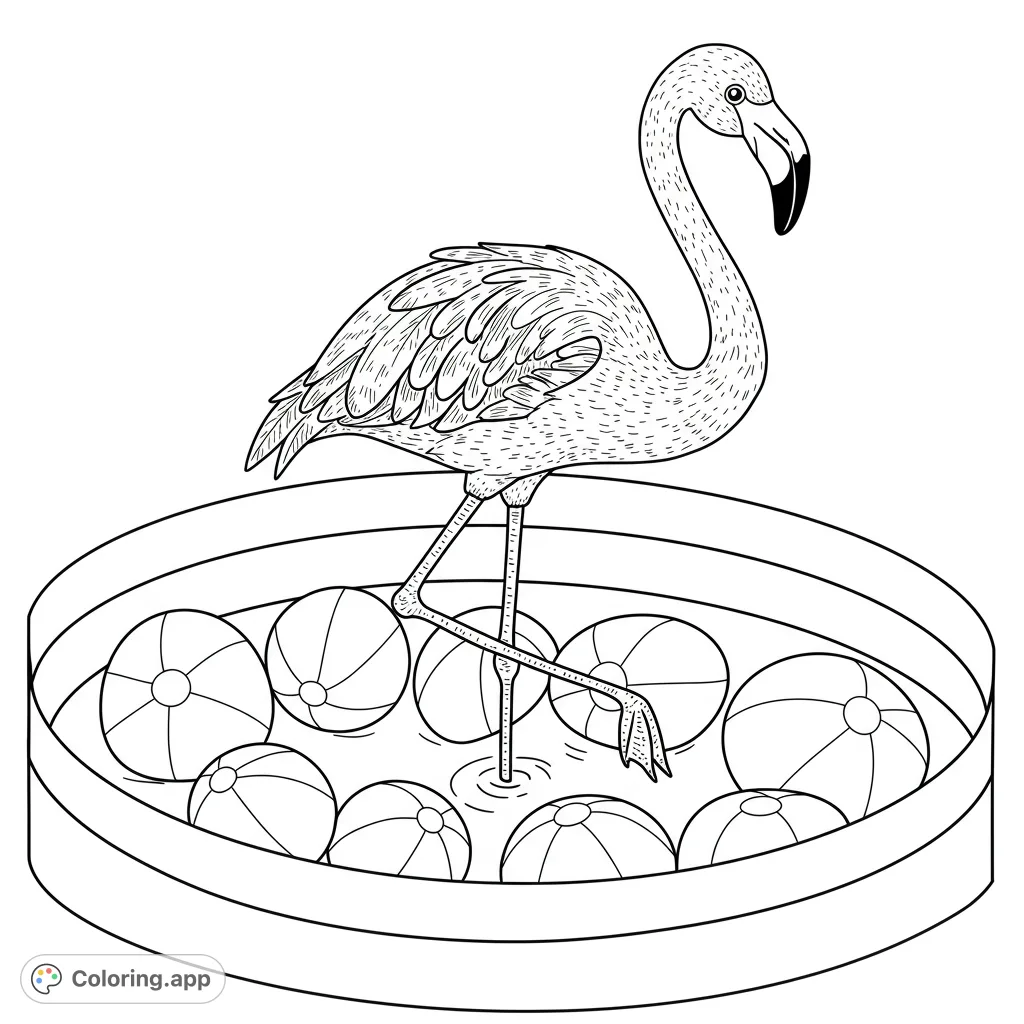 A charming flamingo wades in a pool with playful beach balls, a delightful free printable flamingo coloring page for tropical fun.
