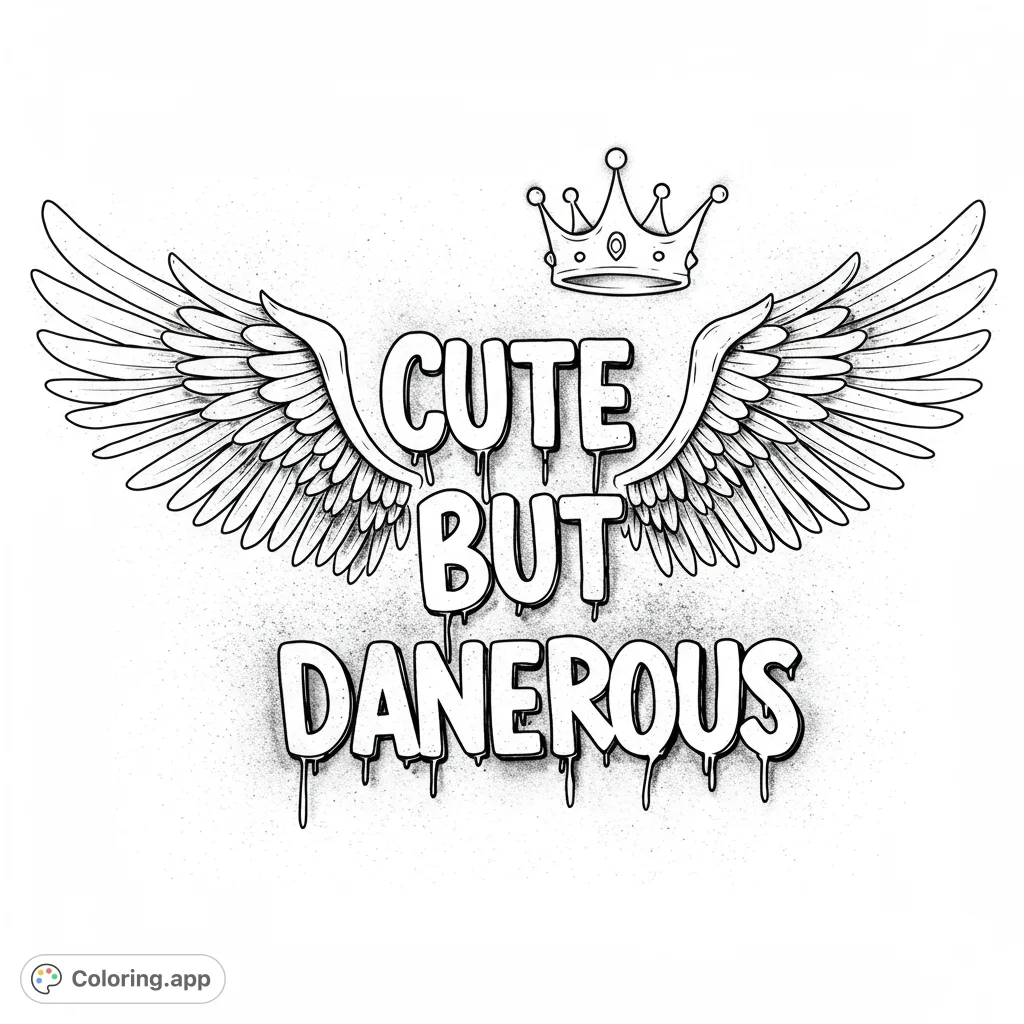 A bold, urban-style coloring page featuring majestic wings, a regal crown, and unique dripping letter designs, perfect for expressive coloring.