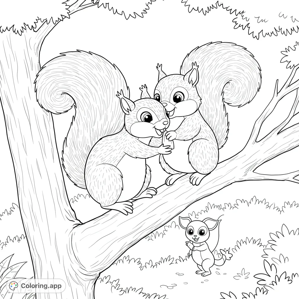 Adorable squirrels share a nut on a tree branch, watched by a tiny friend below. A charming forest animal coloring page for all ages.