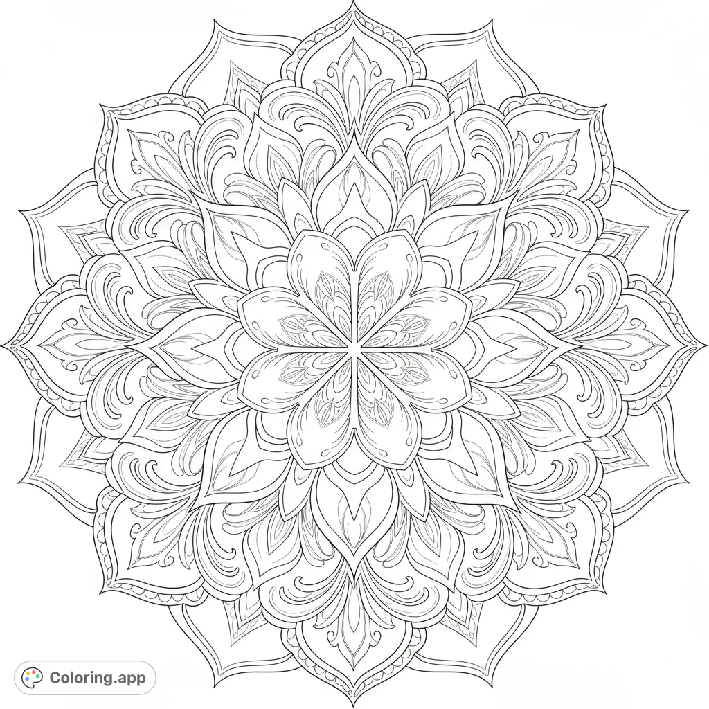 An intricate floral mandala coloring page, perfect for mindfulness and relaxation. Features detailed symmetrical patterns for a meditative coloring experience.
