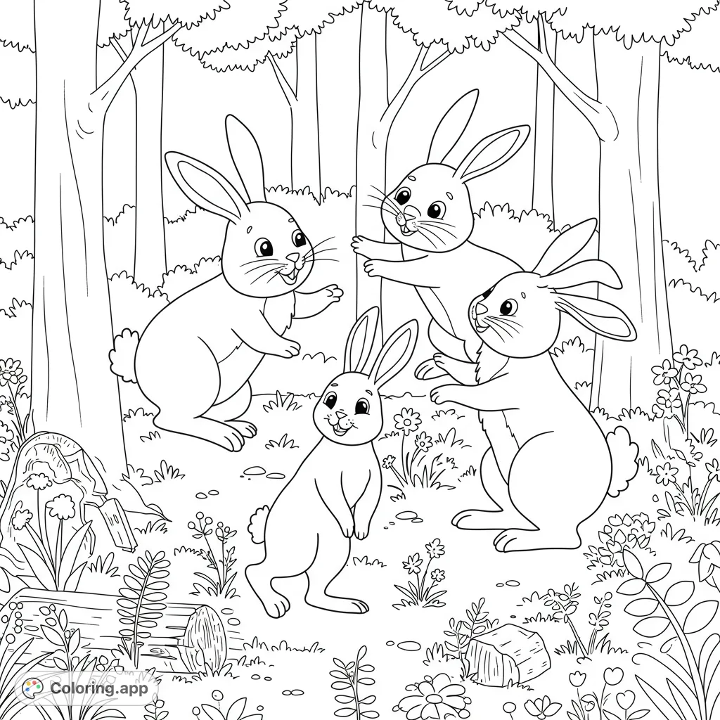 A charming forest scene with four playful rabbits amidst trees, flowers, and logs. Perfect for a free printable coloring page for kids and adults.