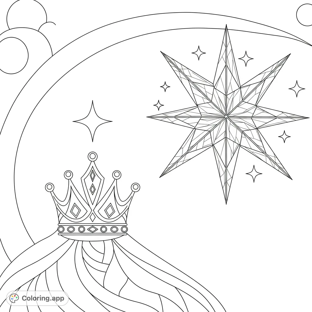 A majestic crown and a dazzling faceted star under a crescent moon, perfect for a magical coloring adventure. Free printable for all ages!