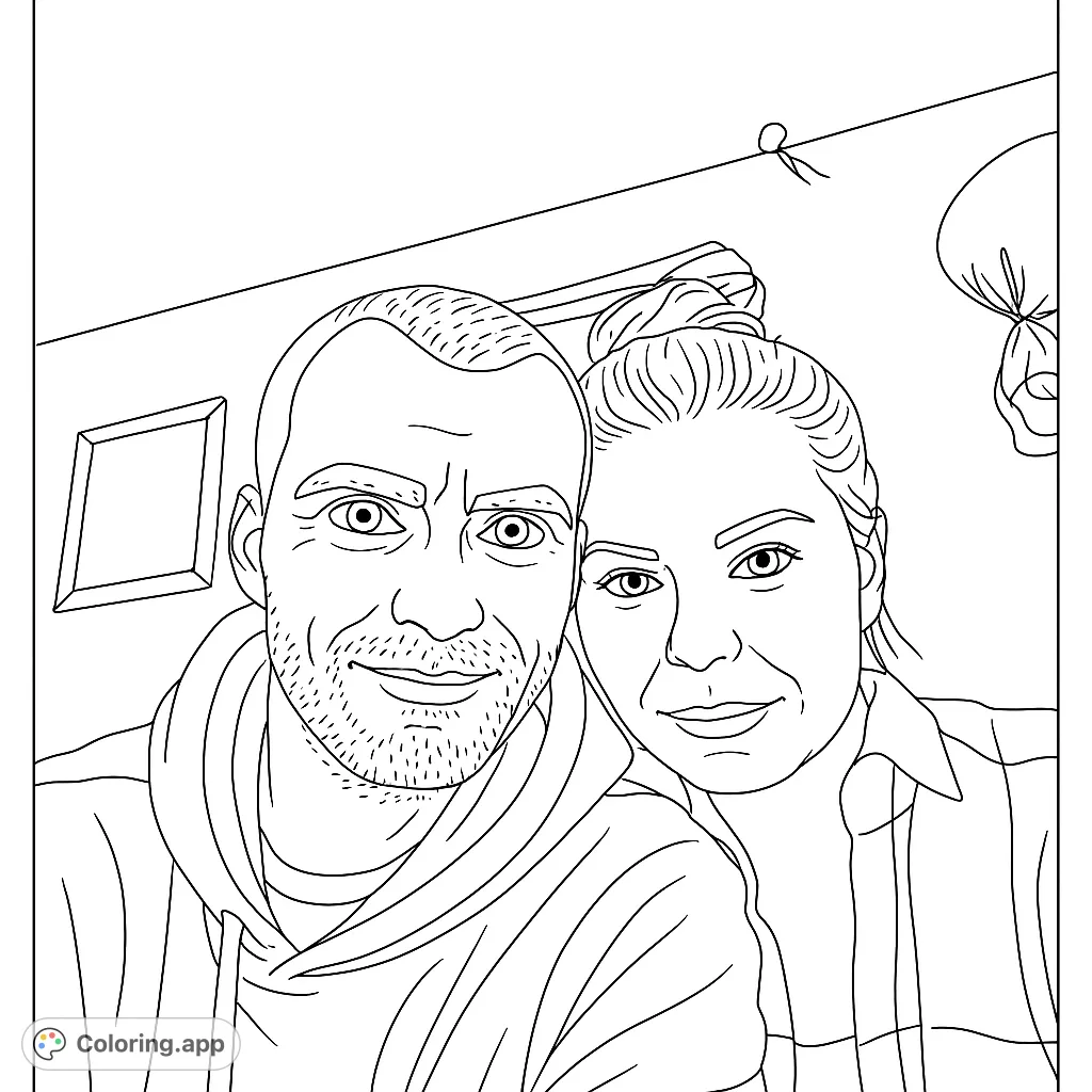 A heartwarming couple portrait coloring page, perfect for personalizing. Features a smiling man and woman in a close-up, ready for your creative touch.