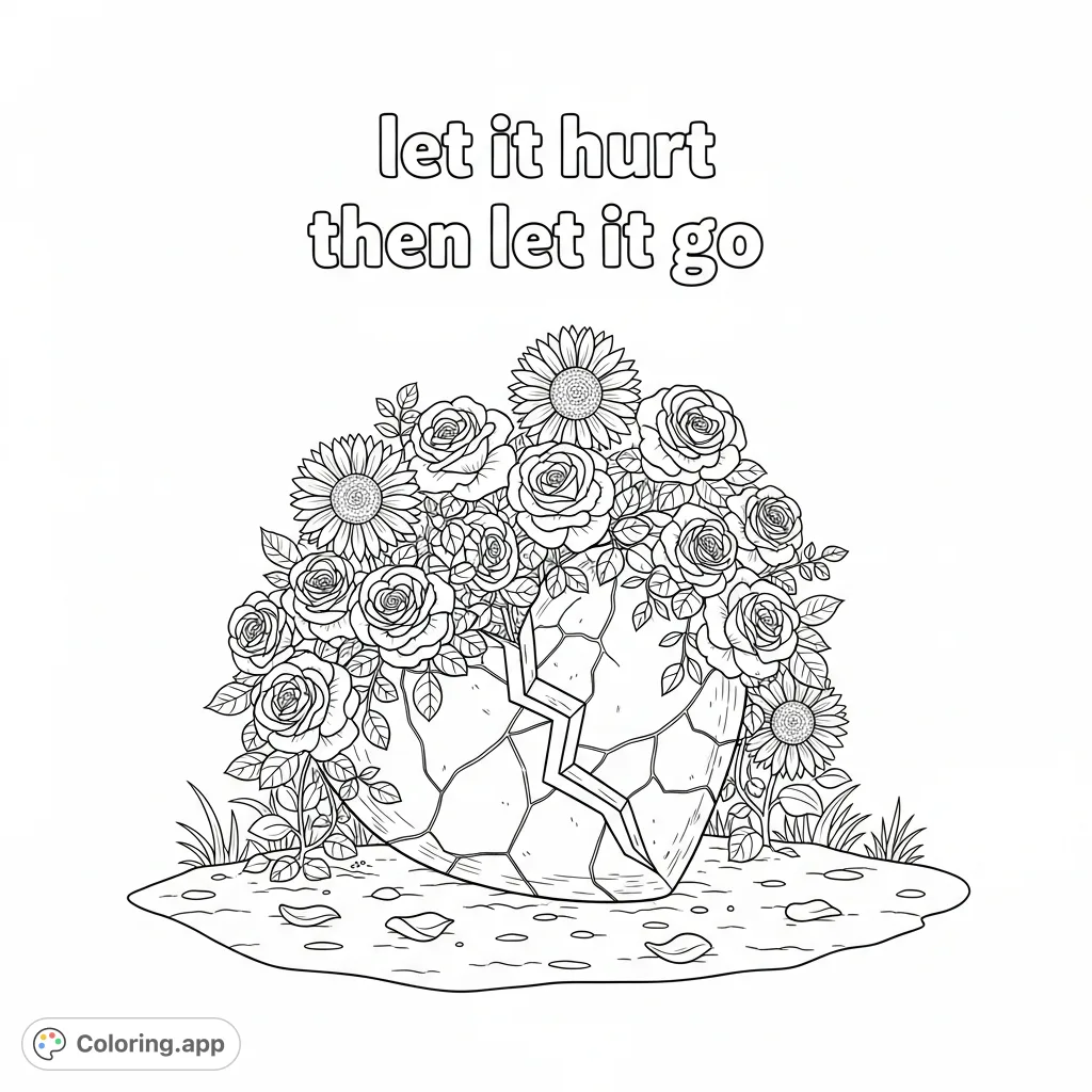 A deeply symbolic broken heart coloring page, nestled among roses and sunflowers, with an uplifting message. Perfect for reflection and emotional expression.
