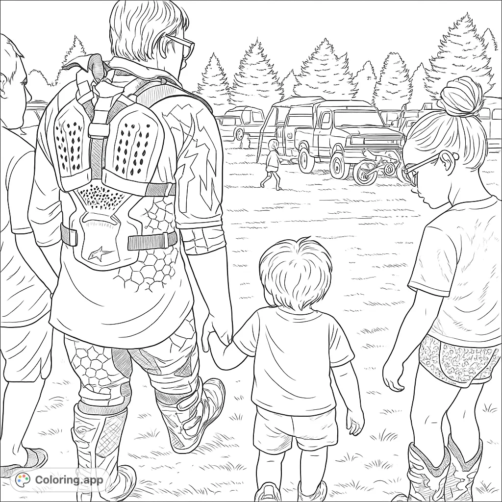 A family enjoys a motocross event, featuring detailed gear, vehicles, and a natural outdoor setting. Perfect for sports enthusiasts.