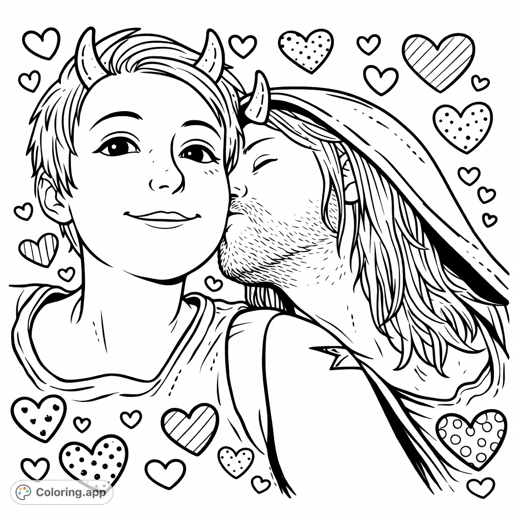 Capture a loving moment between two individuals with playful horn details. A charming, cartoony scene with bold outlines and decorative heart patterns.