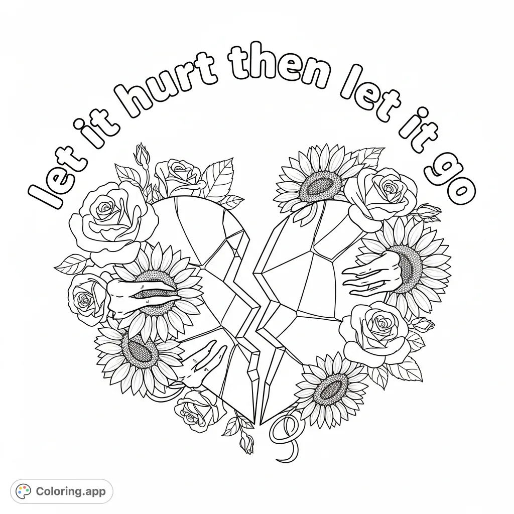 A powerful shattered heart, held together by intertwining roses and sunflowers, with the uplifting message "let it hurt then let it go" above.
