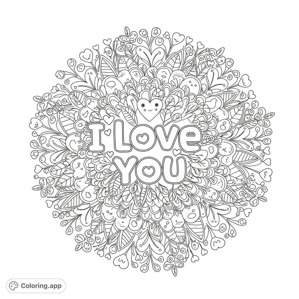 An intricate love-themed coloring page featuring 'I LOVE YOU' text surrounded by a dense mandala of hearts, leaves, and charming details.