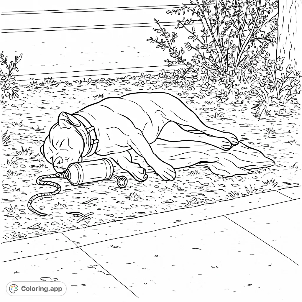 A peaceful pit bull mix sleeps soundly on the grass with its favorite toy, offering a serene and heartwarming coloring experience.