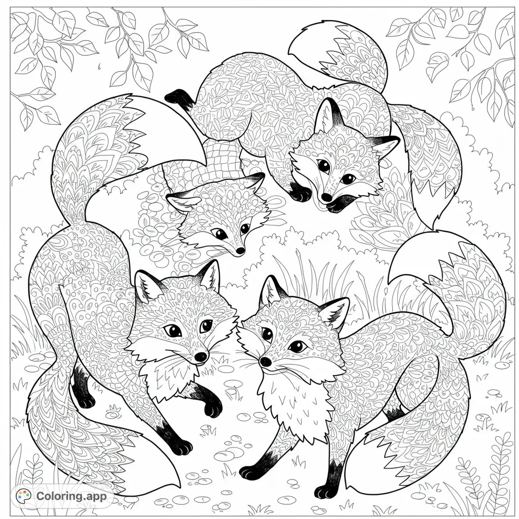 Discover a captivating fox mandala coloring page featuring five intricately patterned foxes in a circular design, perfect for mindful coloring.