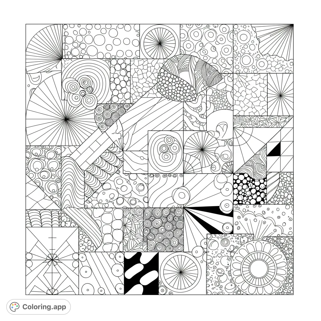Explore a complex abstract geometric pattern coloring page. This free printable features a grid of intricate designs, perfect for detailed coloring.
