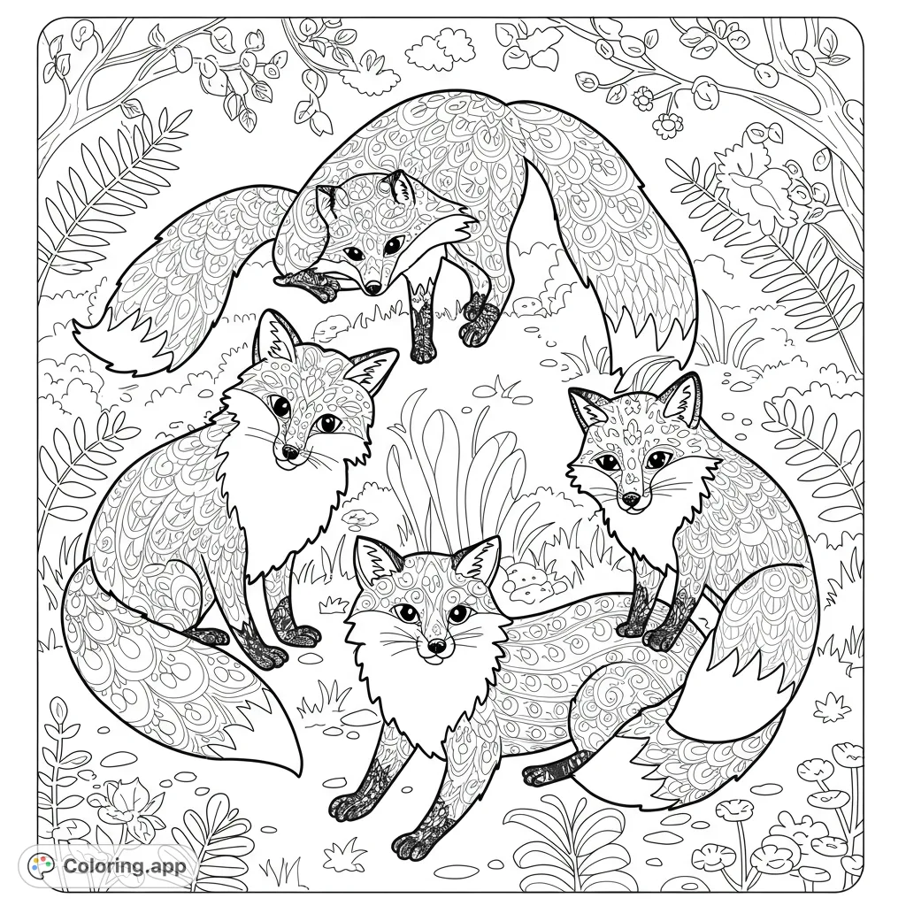 Discover four intricately patterned mandala foxes in a serene woodland setting. A detailed free printable coloring page for nature and pattern lovers.