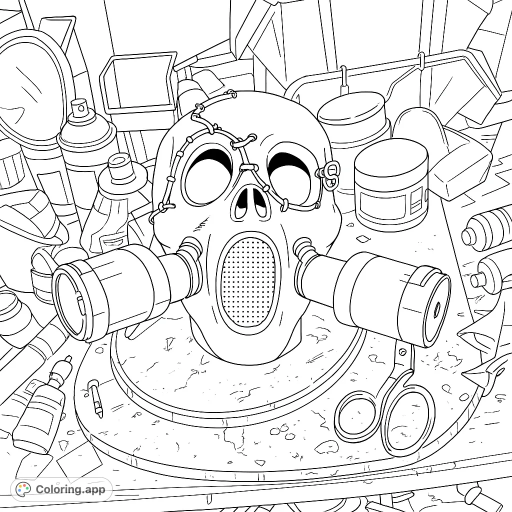 An intricate dystopian skull gas mask coloring page, surrounded by cluttered objects. A free printable coloring page for adults and teens.