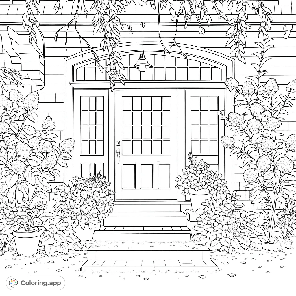 Discover a charming house entrance adorned with lush plants and a welcoming door. A detailed free printable garden entrance coloring page for all ages.