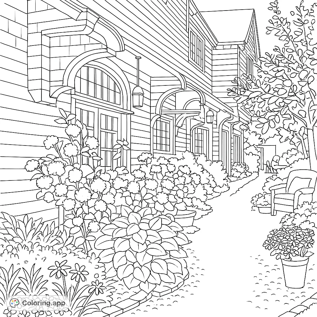 Explore a charming house exterior with a winding garden path, lush bushes, and blooming flowers. A delightful scene for a relaxing coloring experience.