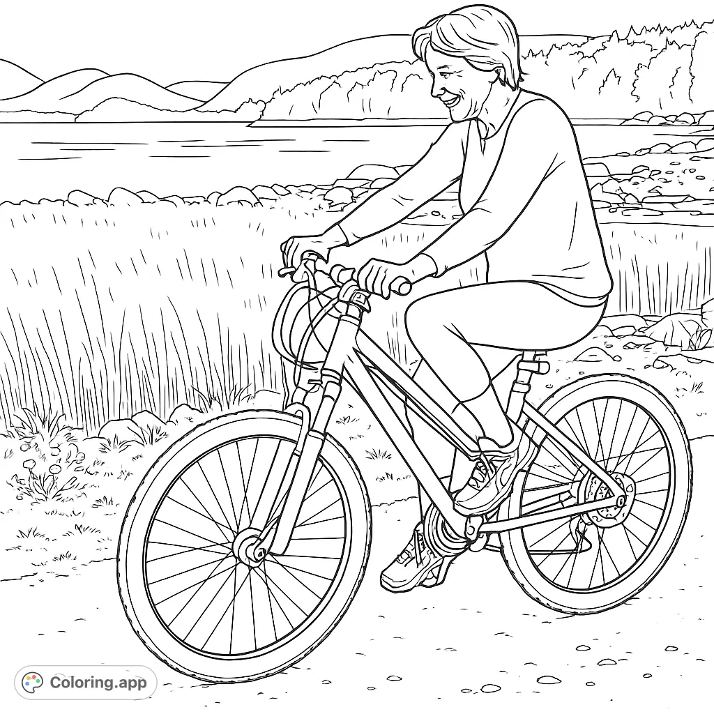 A joyful woman cycles along a scenic lake path, surrounded by nature. Perfect for a relaxing outdoor adventure coloring page.